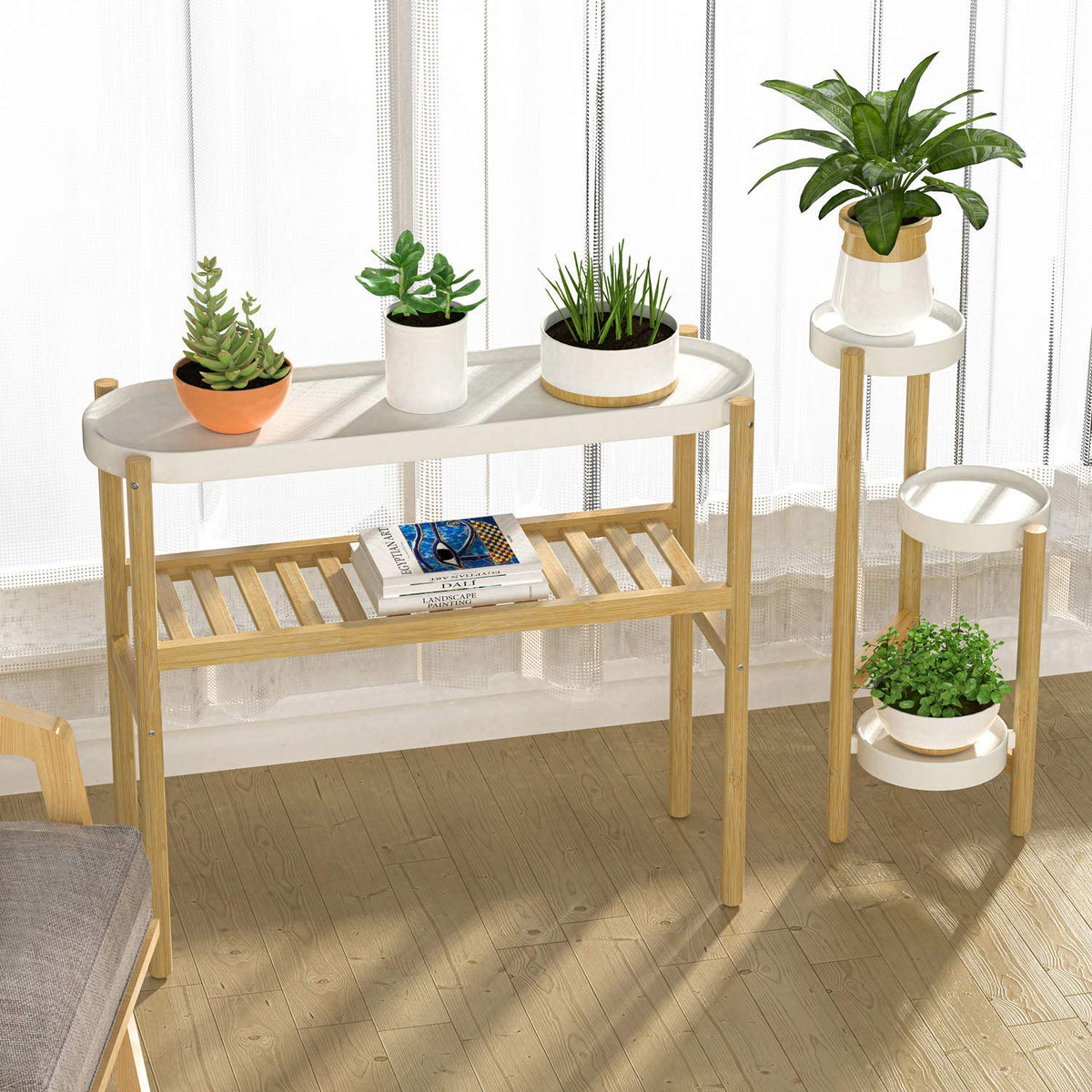 Wisuce two-tier bamboo shelves maximize vertical space for succulents and blooms