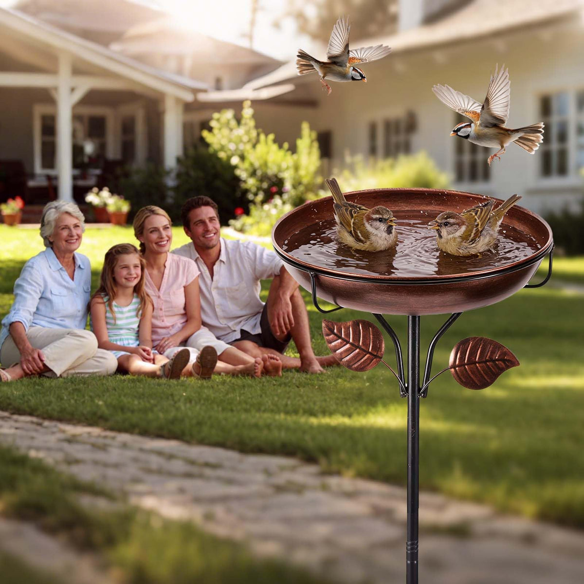 Retro bronze finish and leaf accents complement gardens, patios, and flower beds.