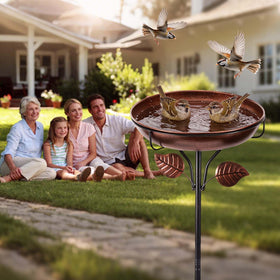 Retro bronze finish and leaf accents complement gardens, patios, and flower beds.
