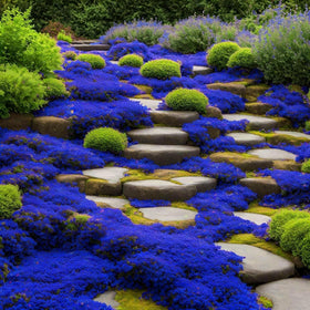 Wivolibe ground-cover thyme blooming beside a stone path.