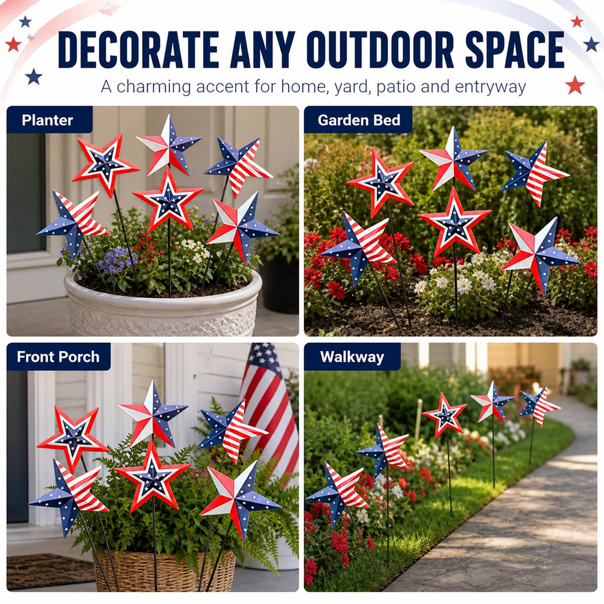Bright Americana colors brighten pathways, gardens, or porch accents
