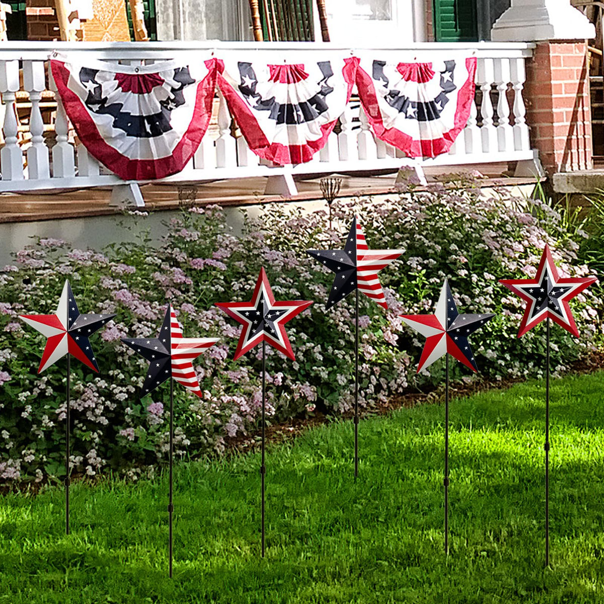 Six-piece set creates a cohesive patriotic display across outdoor space