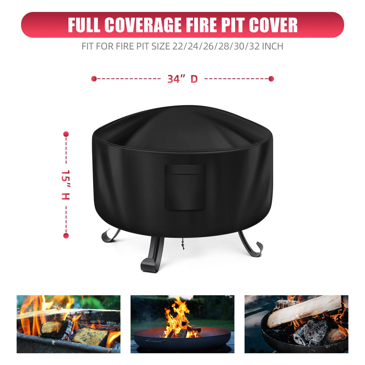 WLEAFJ round 34in fire pit cover with side straps keeps it secure
