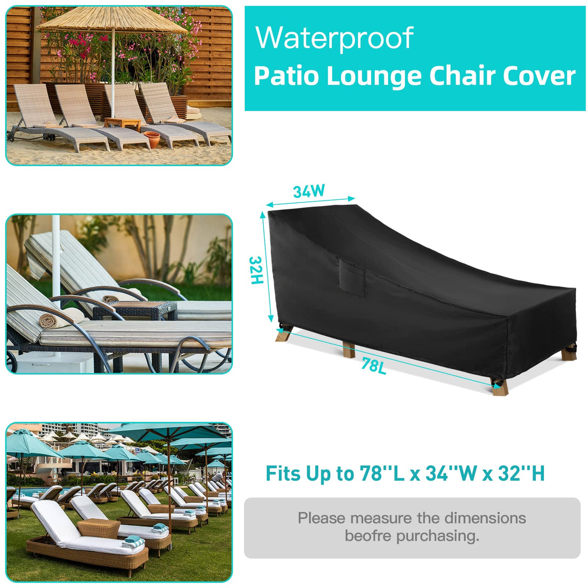WLEAFJ heavy-duty chaise lounge cover guards against rain and sun.
