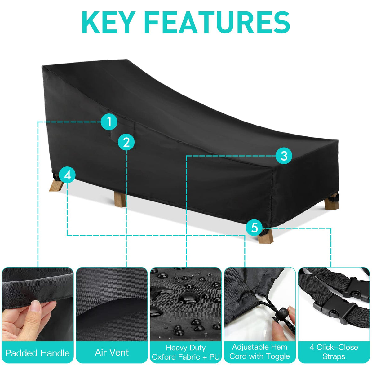 WLEAFJ windproof chaise lounge cover with straps keeps chair secure outdoors.