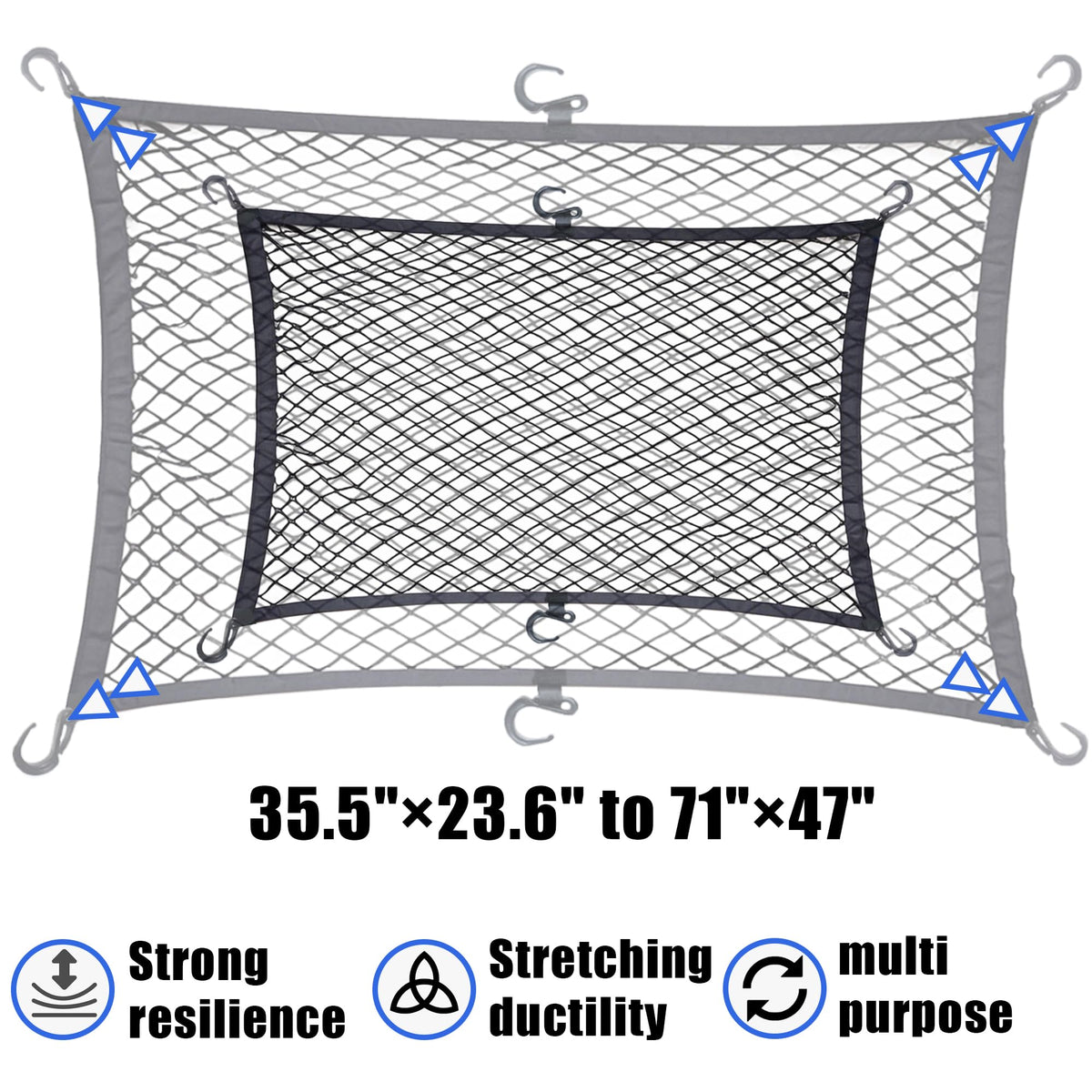 Extendable Wlitinzsen cargo net fits carts from 35.5in x 23.6in to 71in x 47in.