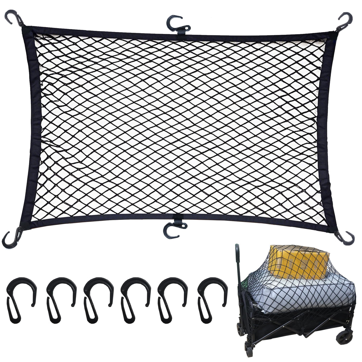 Wlitinzsen cargo net for folding wagon with six hooks secures load.
