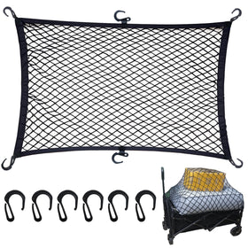 Wlitinzsen cargo net for folding wagon with six hooks secures load.