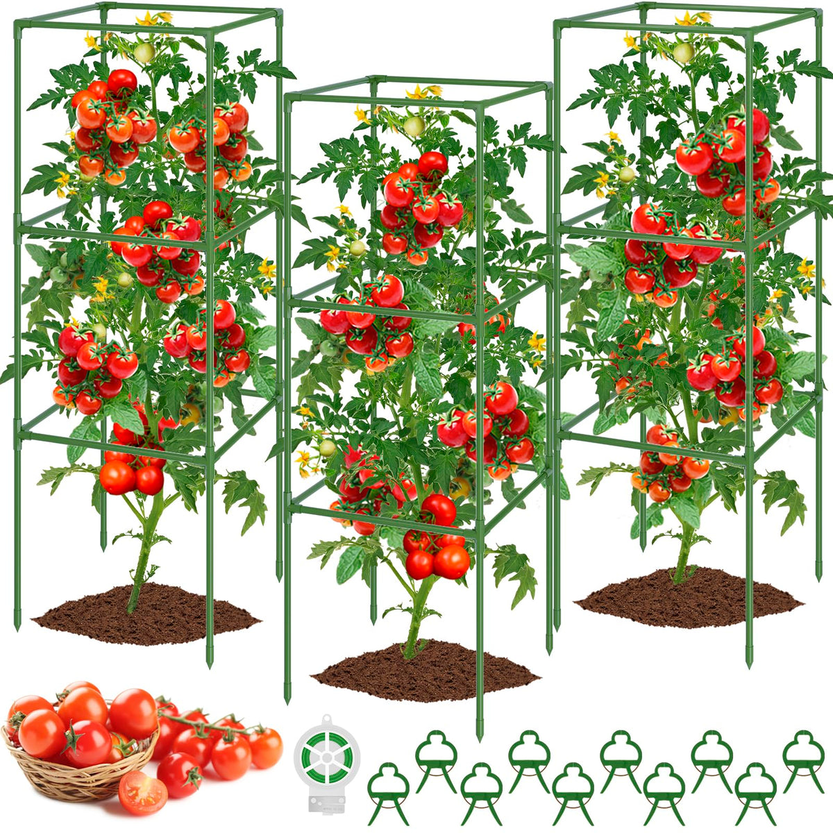 WLLEYAY tomato cages assembly view showing sturdy square frame for tall plants