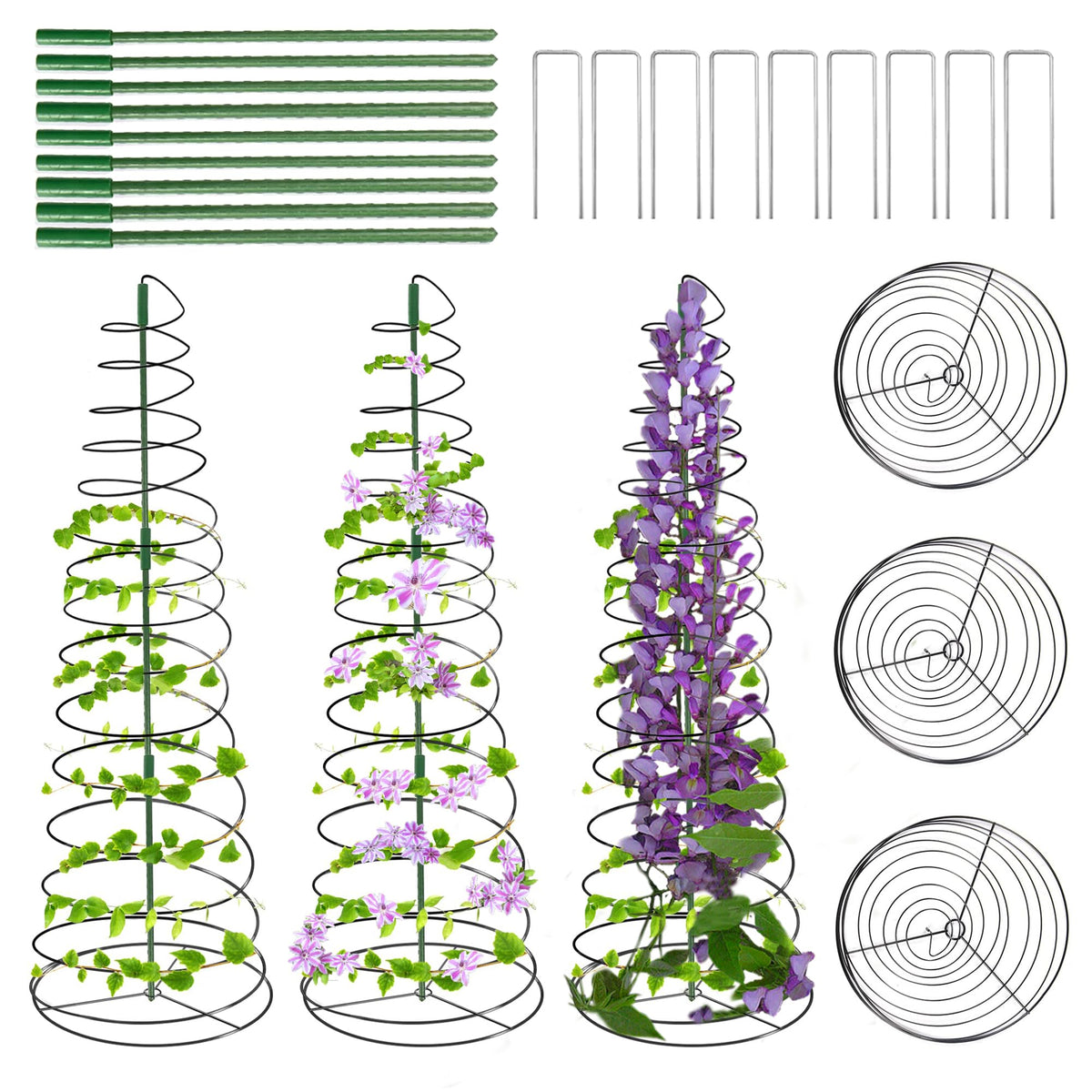WNJ 3-pack spiral plant trellis top shows adjustable height options for seedlings