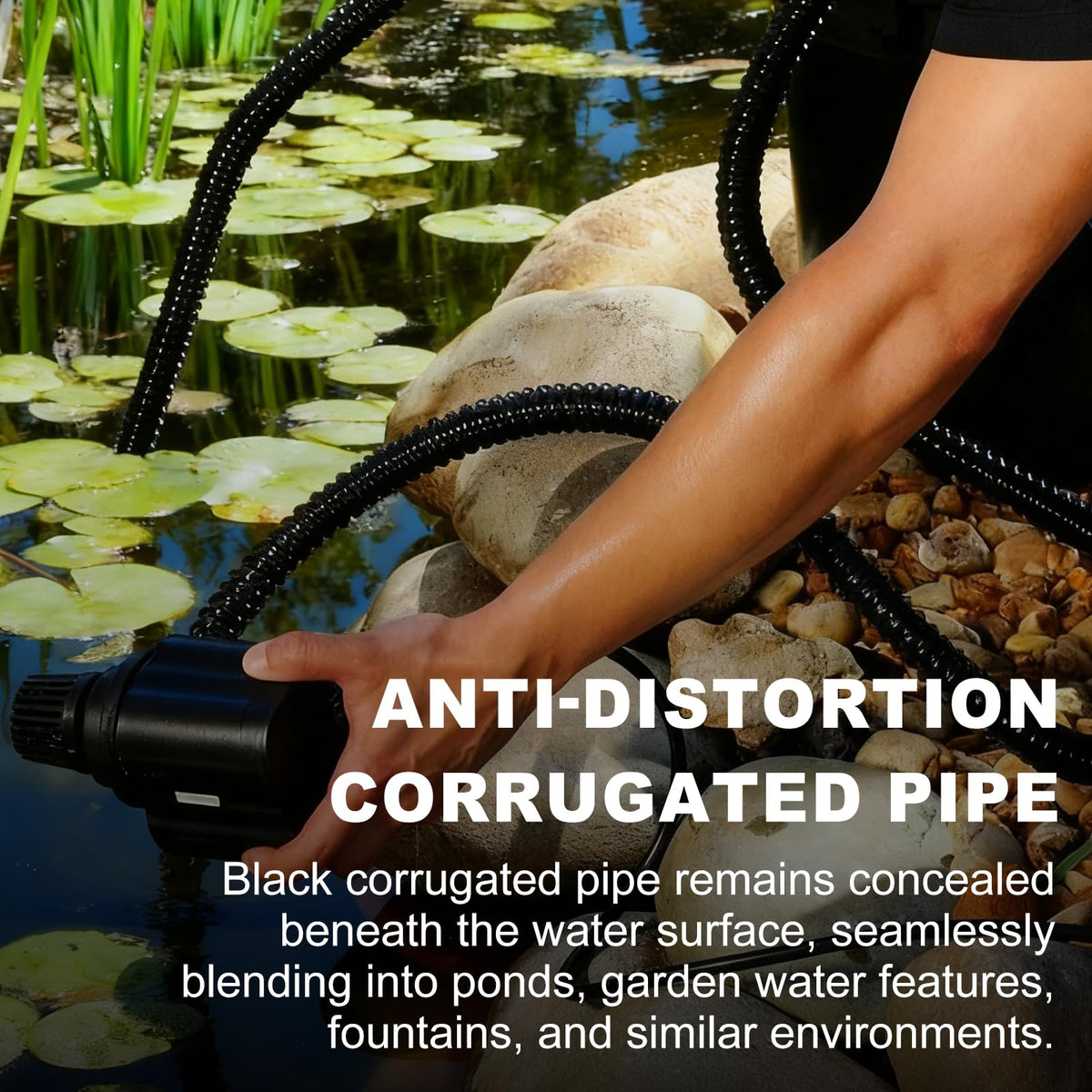Wocloer pond hose being used with a pond pump and fountain setup.