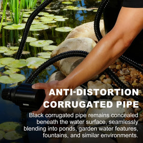 Wocloer pond hose being used with a pond pump and fountain setup.