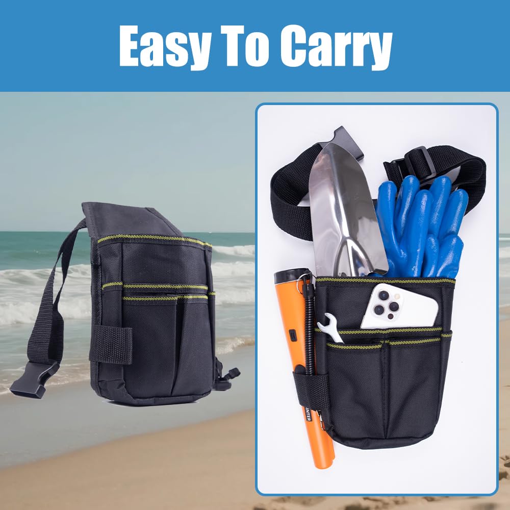 Complete detecting kit with shovel, gloves, and carry bag.