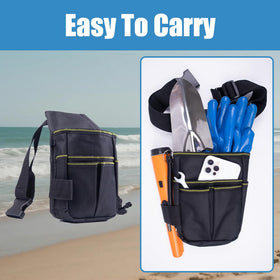 Complete detecting kit with shovel, gloves, and carry bag.