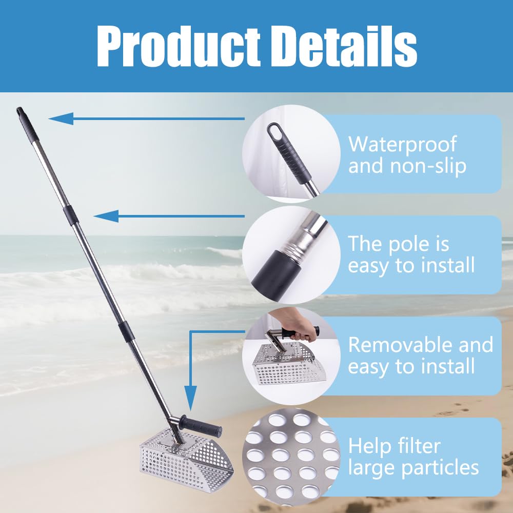 Long-handle sand scoop enables stand-up digging.