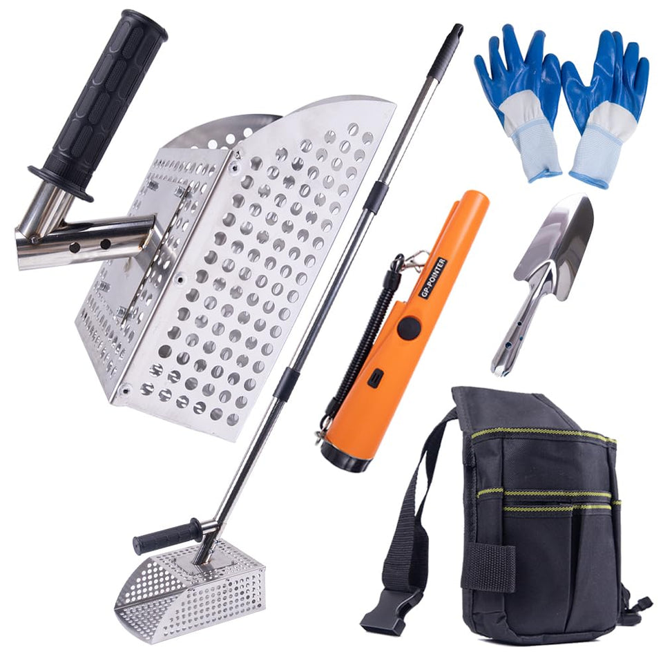 WodGod sand scoop at the beach for metal detecting, rust-free durability.