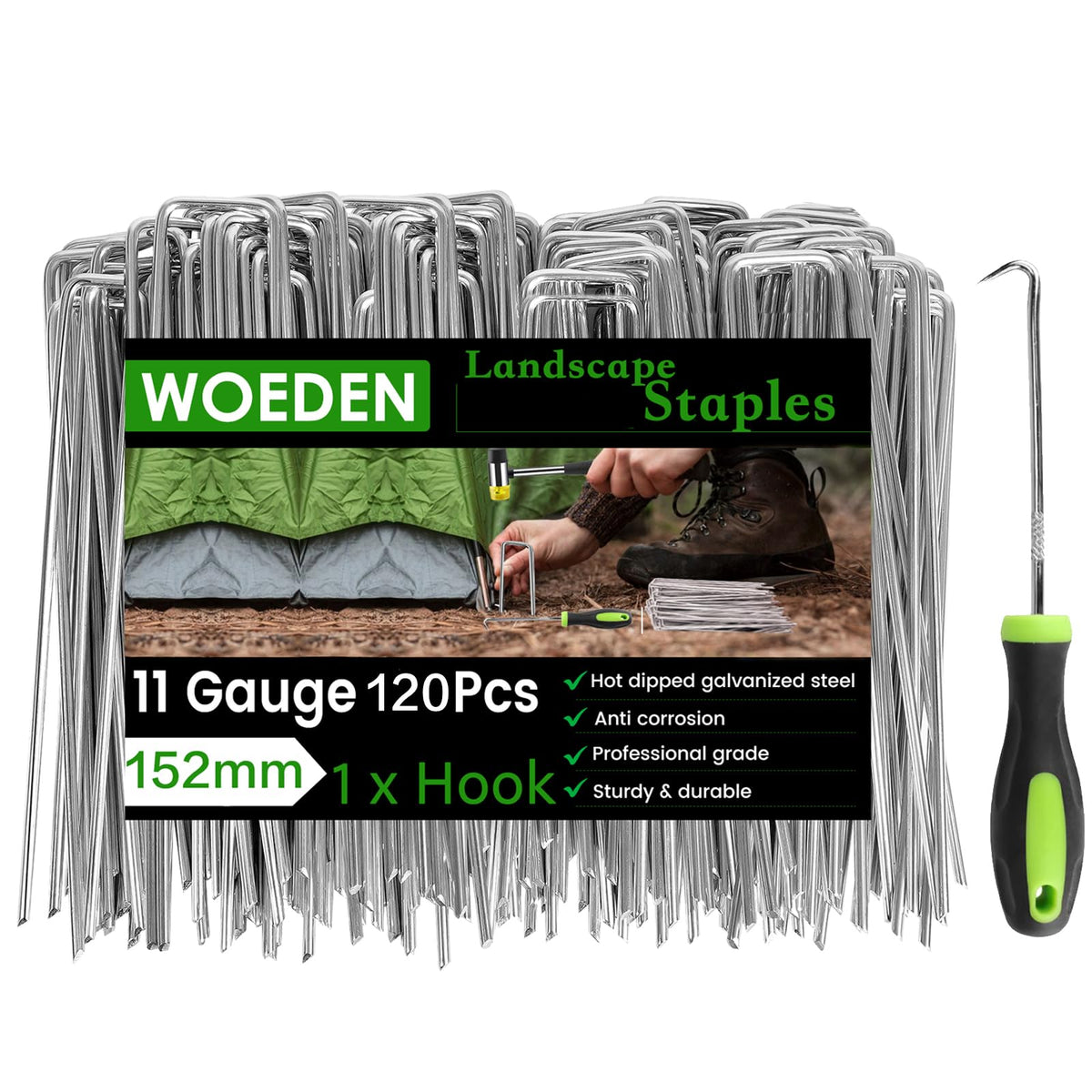 WOEden 120-pack landscape staples secure weed barriers and tubing outdoors.
