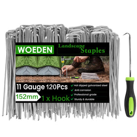 WOEden 120-pack landscape staples secure weed barriers and tubing outdoors.