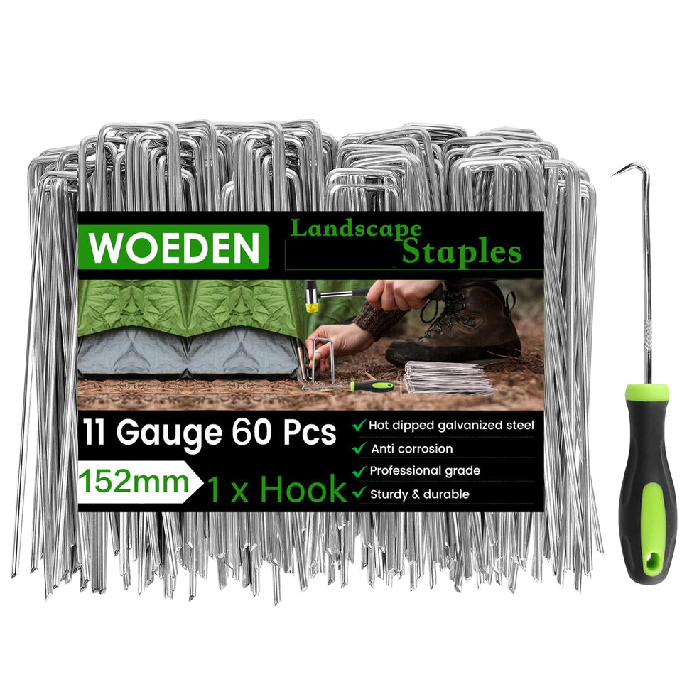 WOEden 60-pack 6-inch landscape stakes in hot-dip galvanized steel for durable ground anchoring.