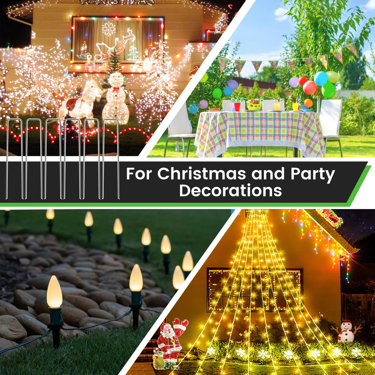 WOEden versatile stakes support weed barriers, drip tubing, tarps, and decorations.