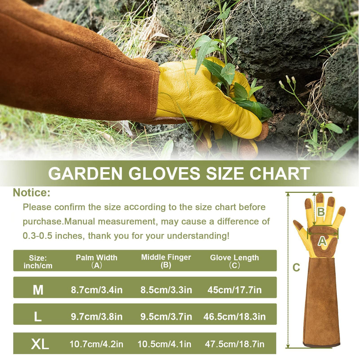 WOHEER cowhide garden gloves with extended cuffs guard forearms.