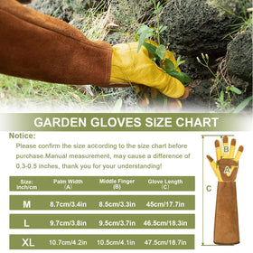WOHEER cowhide garden gloves with extended cuffs guard forearms.