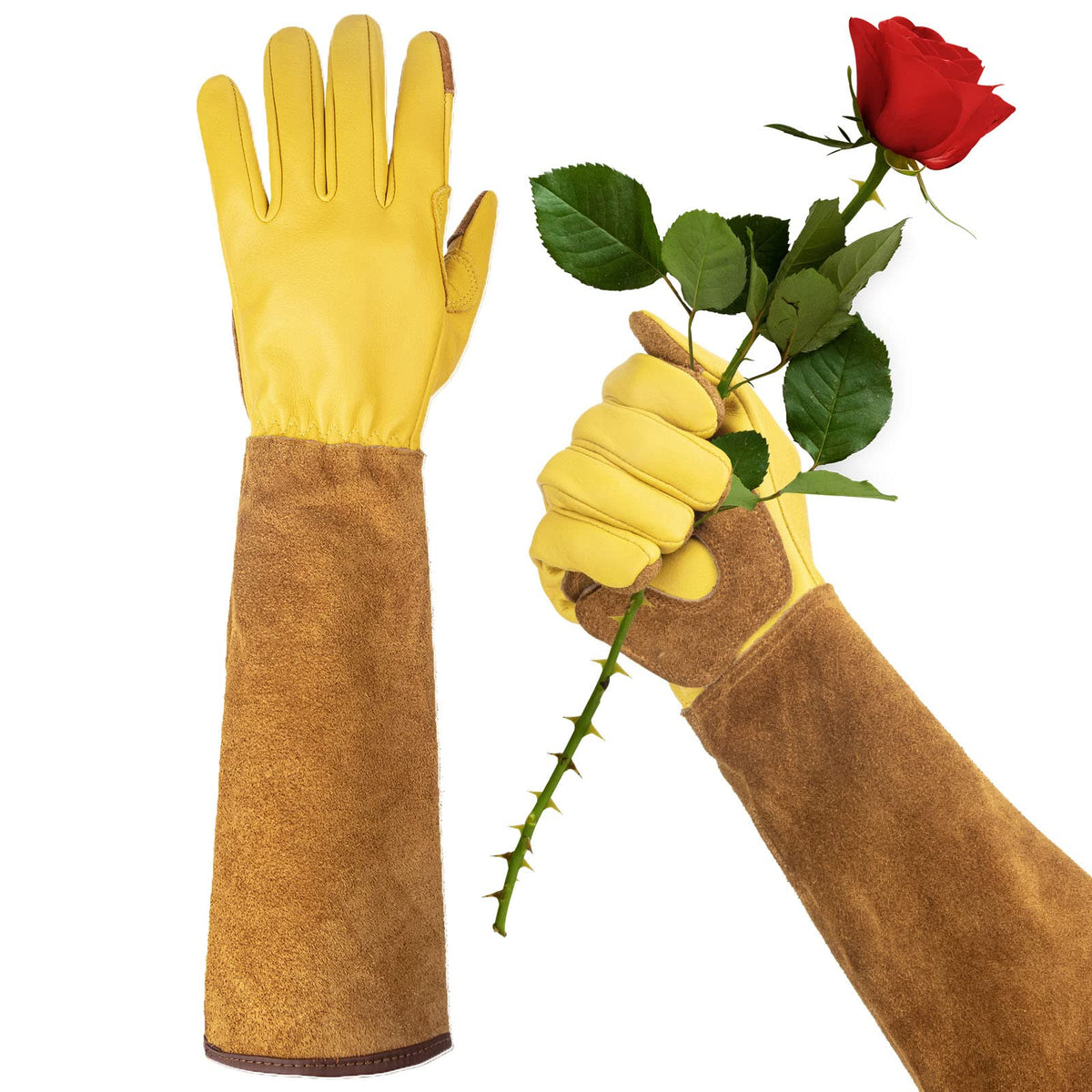 WOHEER long gardening gloves with thorn-proof palm protect hands during pruning.