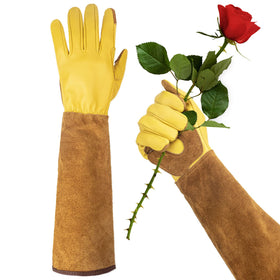WOHEER long gardening gloves with thorn-proof palm protect hands during pruning.