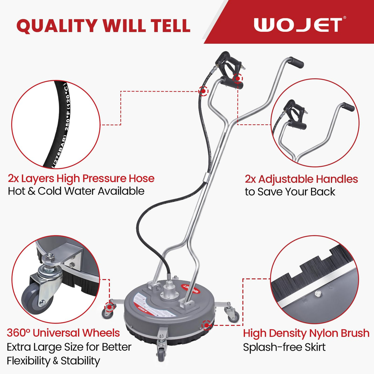 WOJET 4500 PSI 5 GPM capability suits professional and DIY cleaning tasks.