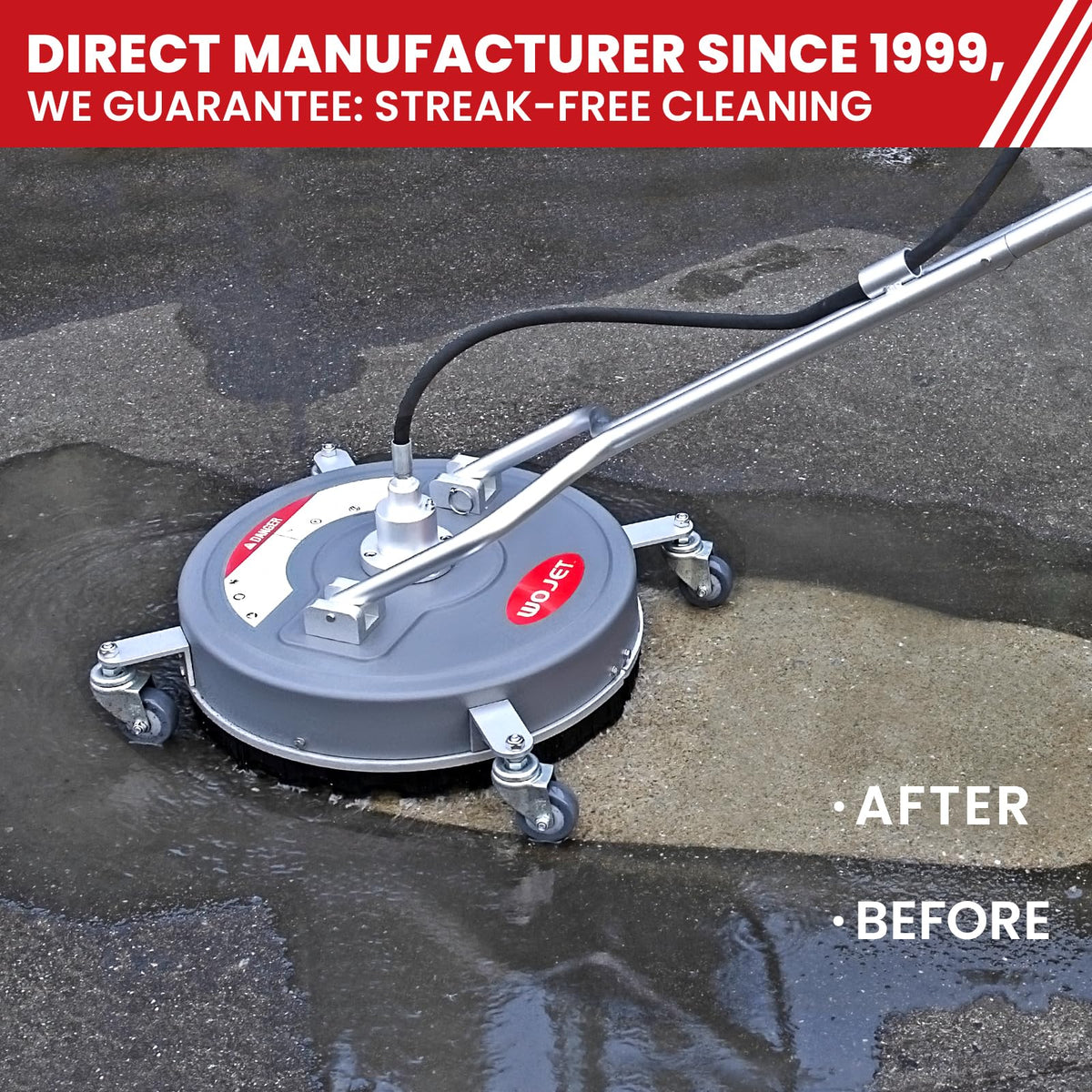 WOJET four-wheels surface cleaner design enables smooth movement on concrete.
