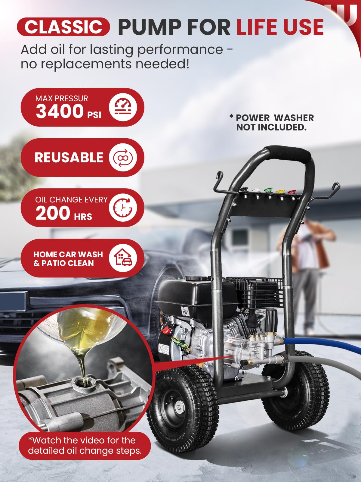 WOJET 3400psi 2-5gpm pump delivering strong outdoor cleaning performance
