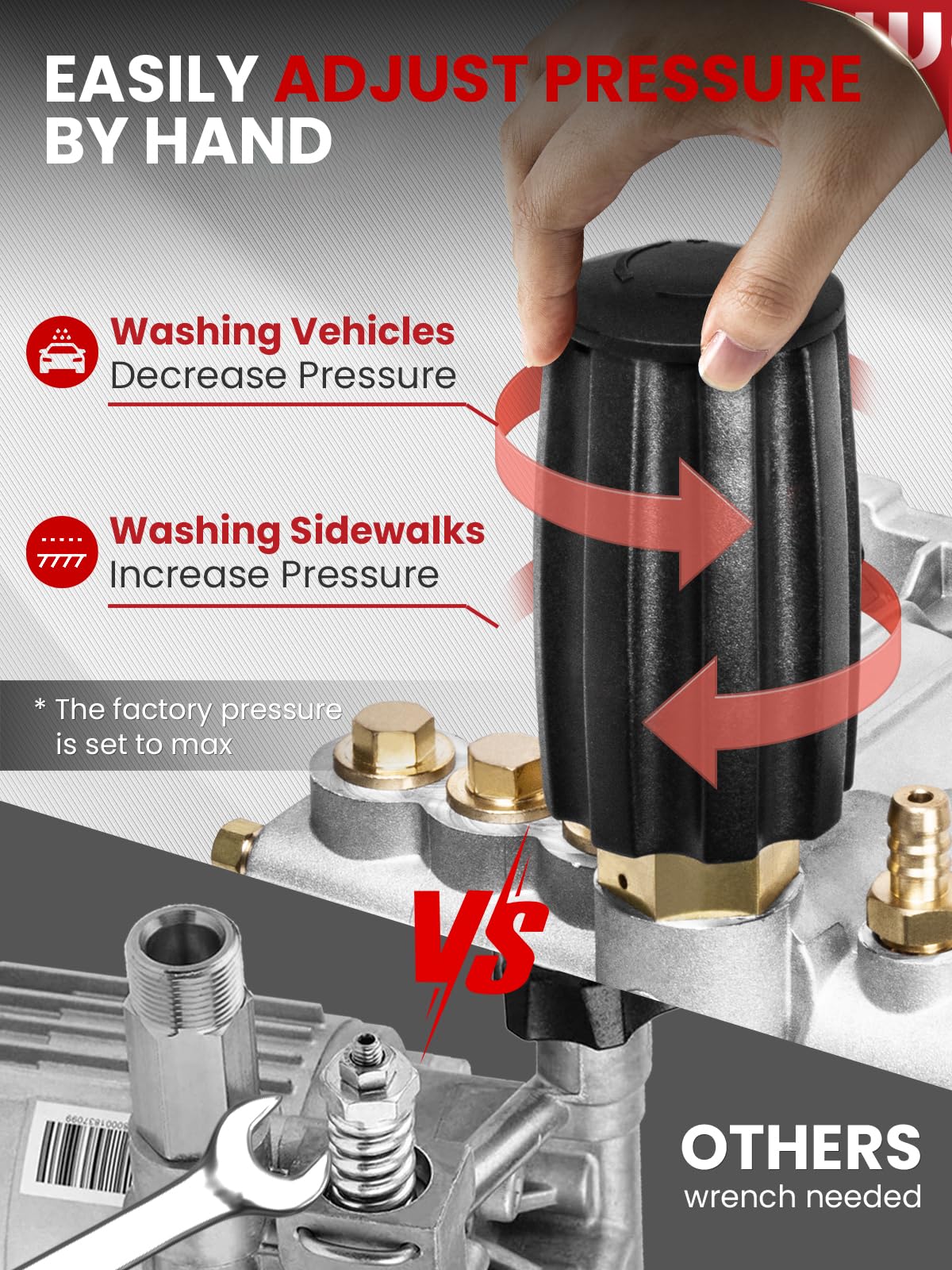 WOJET unloader adjustment demonstrating hand twist for variable pressure
