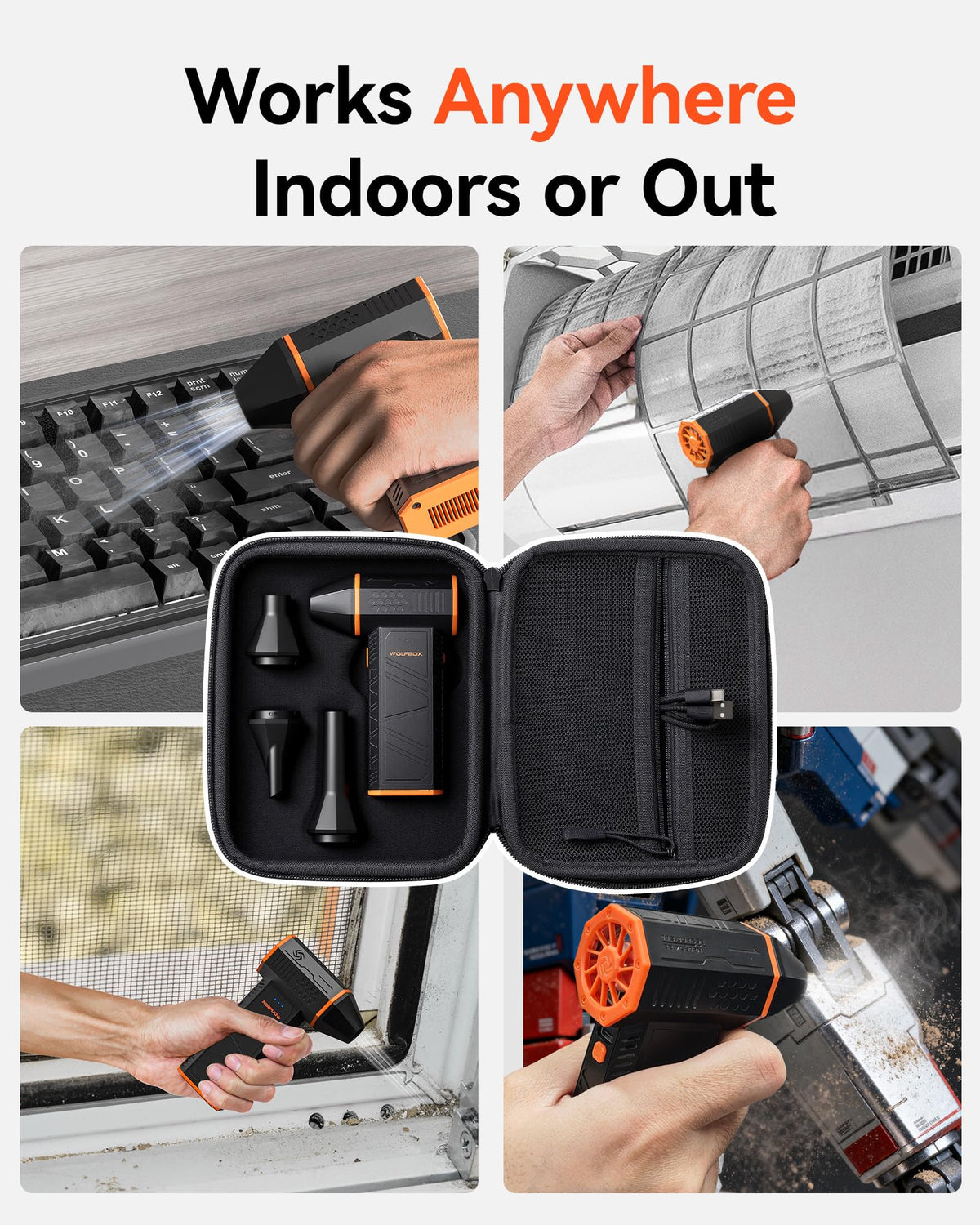 WOLFBOX case with integrated mesh pocket keeps nozzles and cables organized