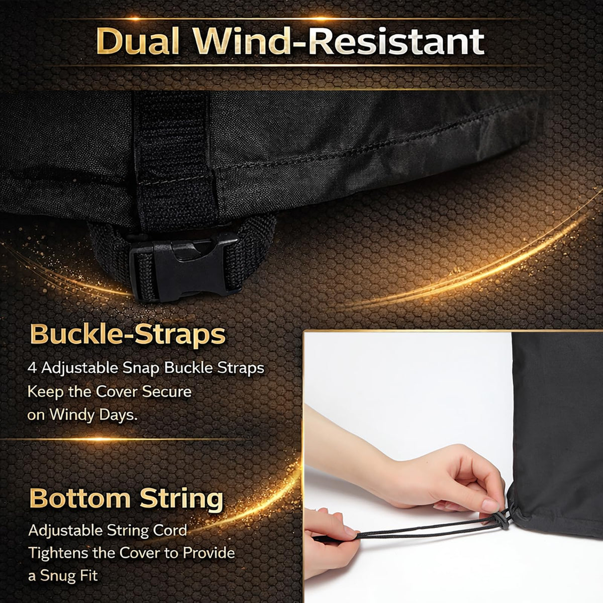 WOMACO cover with adjustable buckles keeps the grill secure in wind