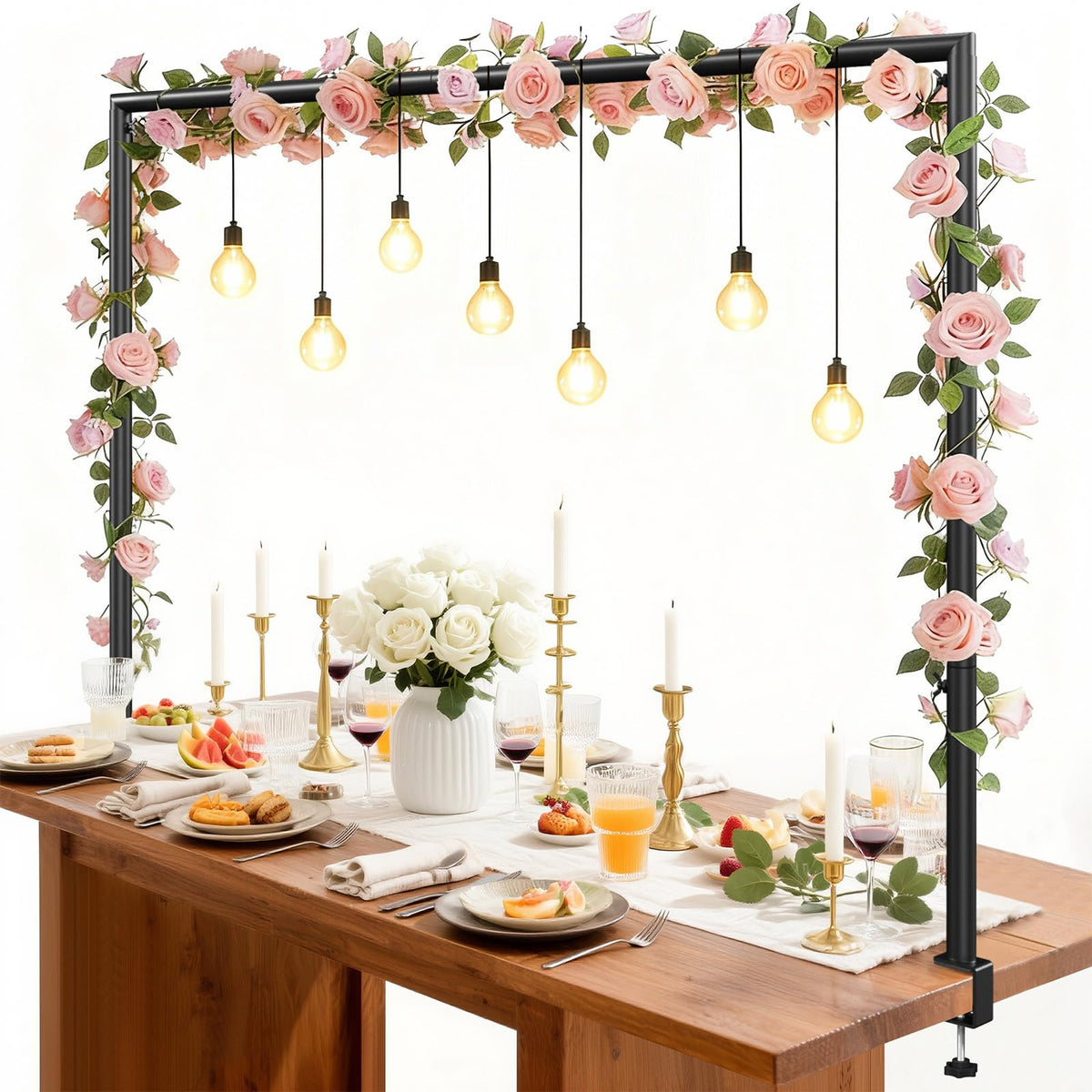 Womnwomn over-table rod stand with clamps extended to 32-102 inches for flexible table coverage.