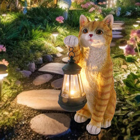 WONDER GARDEN weatherproof resin cat statue for outdoor use.