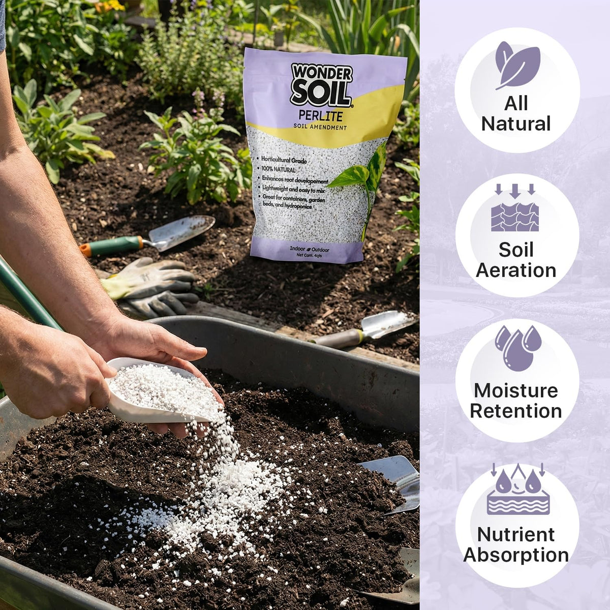 Wonder Soil perlite container gardening enhances potting mix texture and drainage.