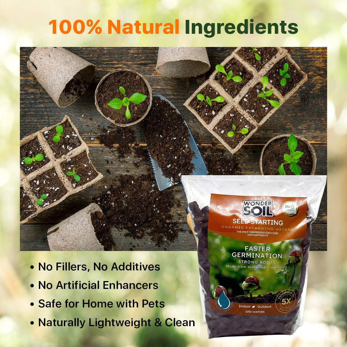 Wonder Soil seed pellets 100-count package for convenient seed starting.