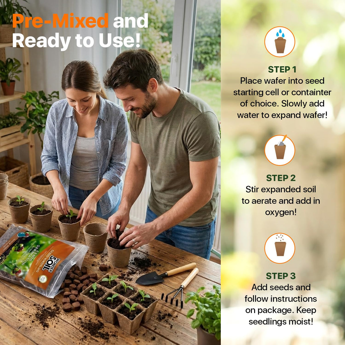 Wonder Soil seed pellets indoors ideal for starting seeds year-round.