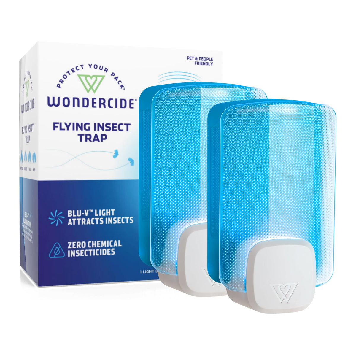 Wondercide flying insect trap plugged into outlet for silent indoor protection