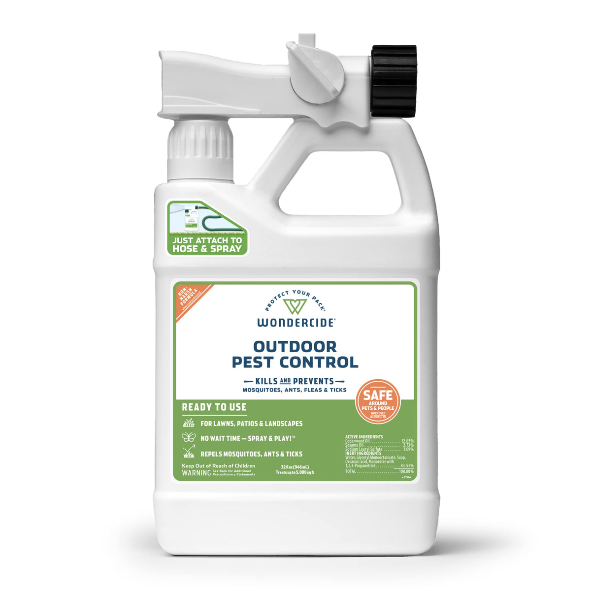 Wondercide outdoor pest-control spray bottle ready for hose attachment to protect gardens.