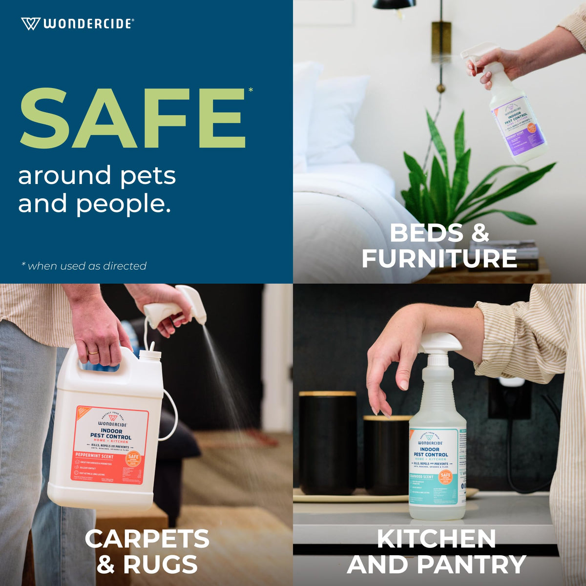 Wondercide pets-safe-use indoors indicates pet-friendly application guidance