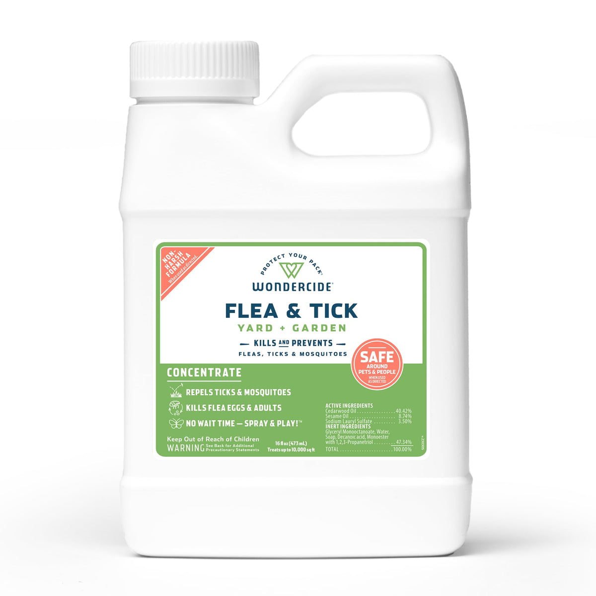 Wondercide yard spray concentrate on lawn, deters pests safely.