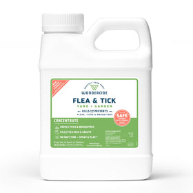 Wondercide yard spray concentrate on lawn, deters pests safely.