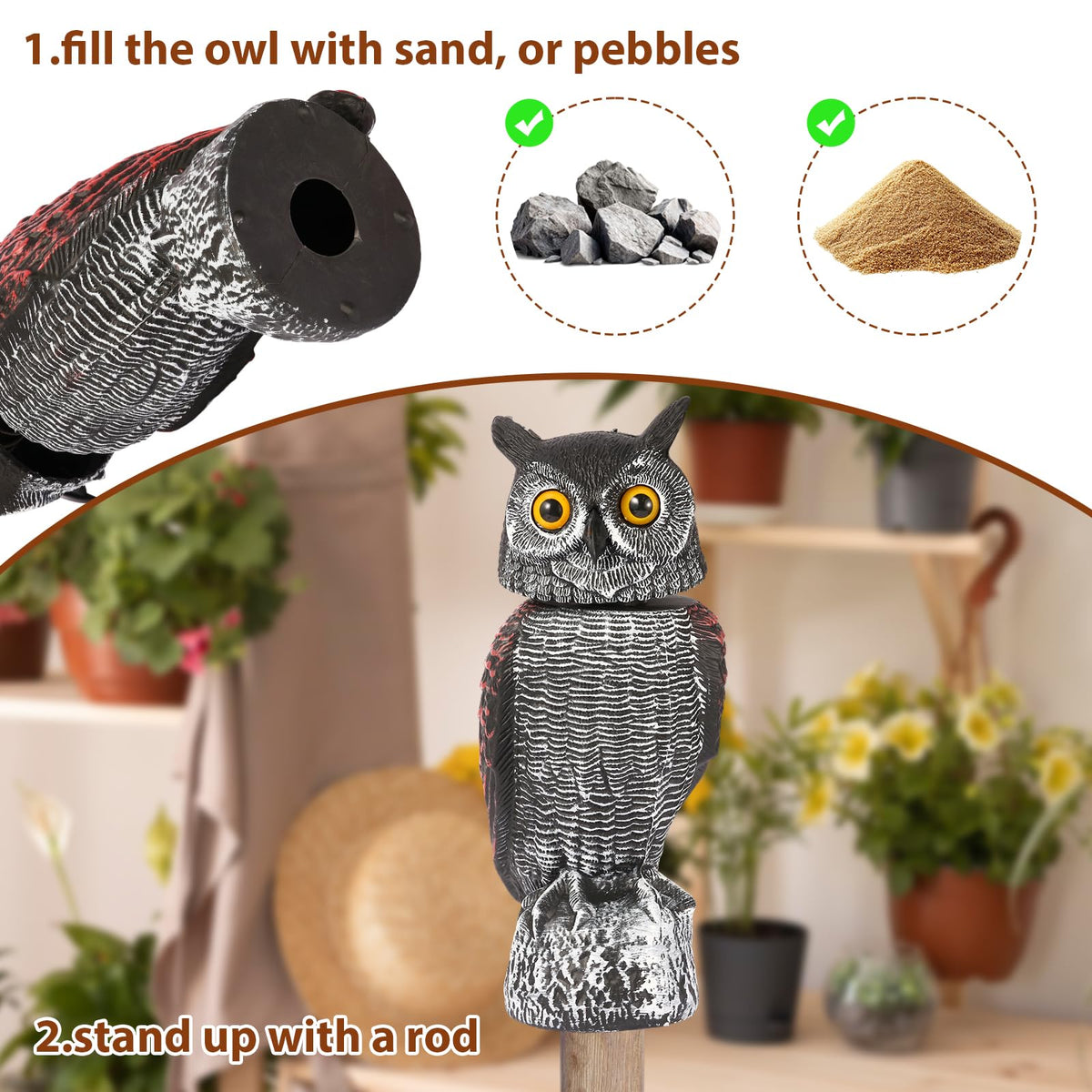 No-battery bird deterrent owl figure for gardens and decks.