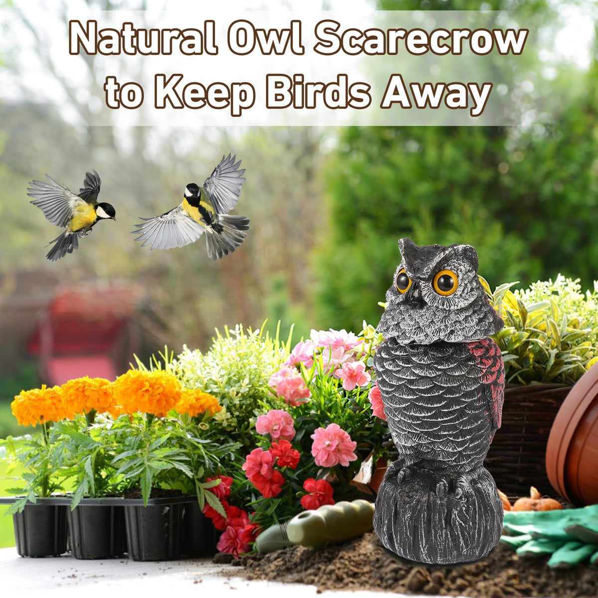WonderField Owl Decoys yellow eyes provide natural predator presence in yard.
