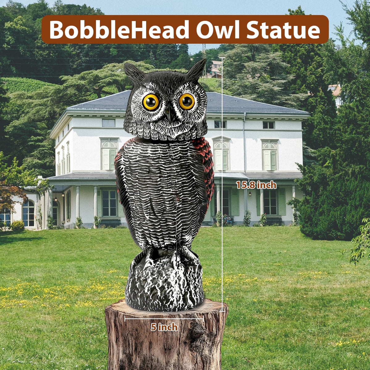 WonderField owl statue deters birds in outdoor spaces and orchards.