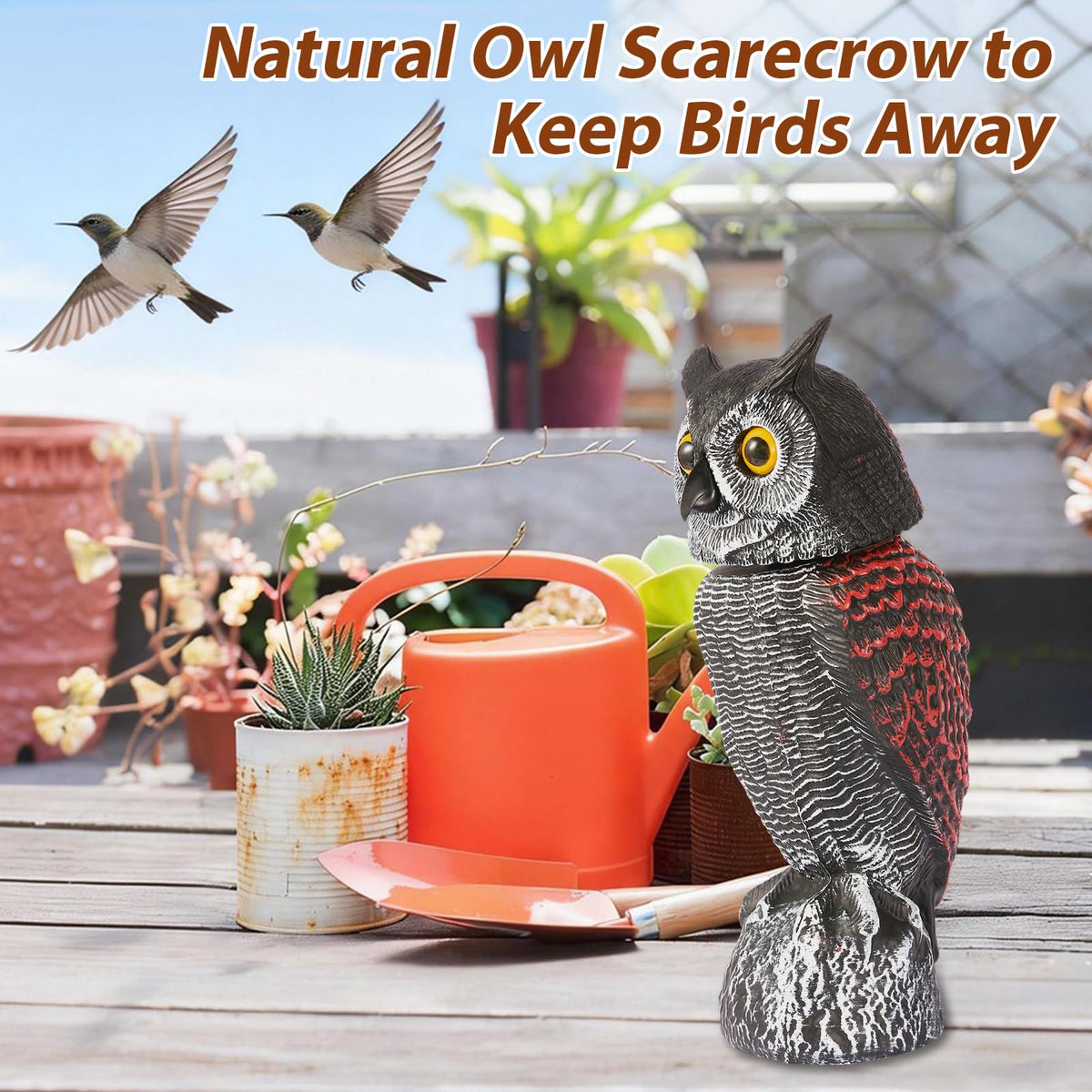 Weatherproof owl decor enhances patio and yard aesthetics while deterring birds.
