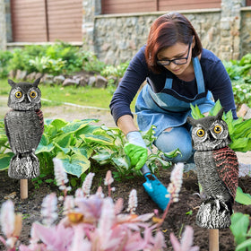 Durable plastic owl decor withstands rain and sun outdoors.