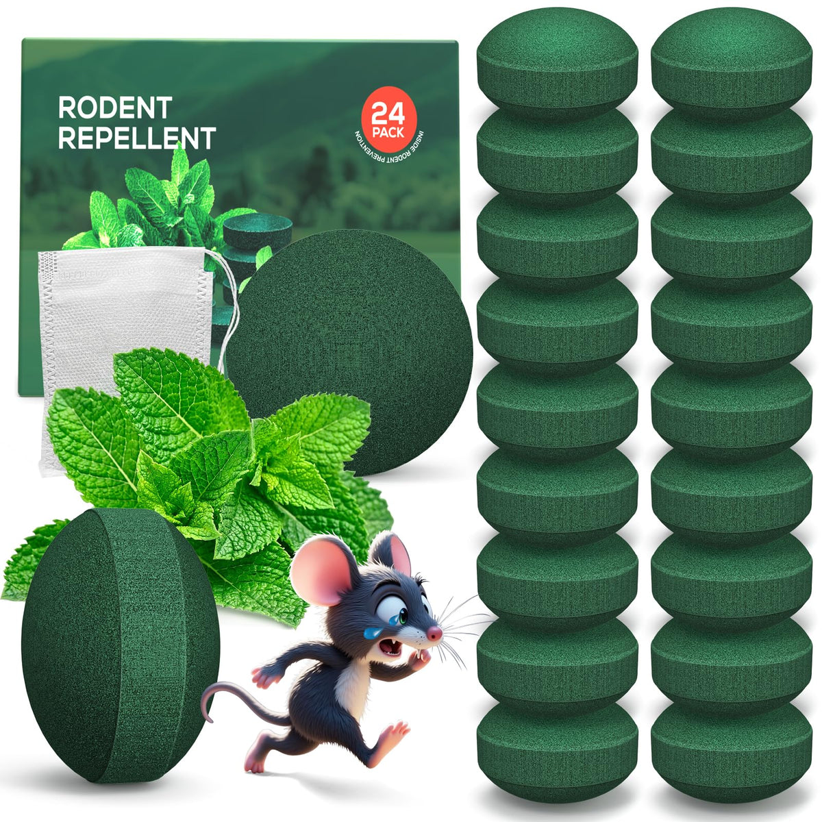 WonderMar Rodent Pouches packaging shows a 24-pack with green, natural scent.
